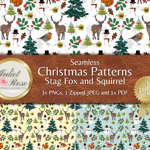 Stag Fox & Squirrel Christmas Pattern, Digital Download Paper for Crafting, Scrapbooking, Card Making, Junk Journals, Decoupage, Collage etc.