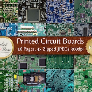 Könnte beinhalten: Eine Collage aus 16 verschiedenen Leiterplatten, jede mit einem einzigartigen Muster aus grünen und blauen Spuren und Komponenten. Die Platinen sind in einem Raster angeordnet, mit einem braunen Lederbanner oben, auf dem "Printed Circuit Boards 16 Pages, 4x Zipped JPEGs 300dpi" steht.