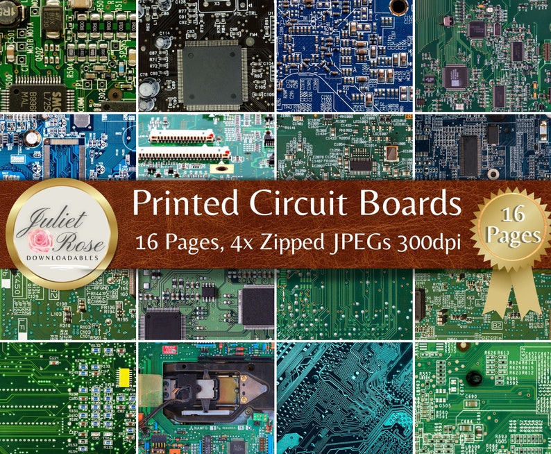 Pode incluir: Uma colagem de 16 placas de circuito impresso diferentes, cada uma com um padr&atilde;o &uacute;nico de tra&ccedil;os verdes e azuis e componentes. As placas est&atilde;o dispostas em uma grade, com uma faixa de couro marrom na parte superior que diz "Printed Circuit Boards 16 Pages, 4x Zipped JPEGs 300dpi".