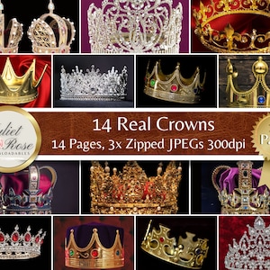 14 Real Crowns - 14 Pages of Royal King and Queen Crowns - Téléchargement numérique. Scrapbooking, Junk Journals, Collage, Découpage, Papercrafting