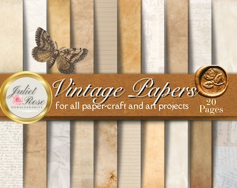 May include: A collection of 20 vintage paper textures in various shades of brown and cream. The papers feature different patterns, including lined, wrinkled, and handwritten text. The image includes a butterfly illustration and a wax seal with a rose design.