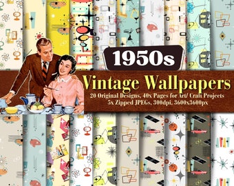 1950s Vintage Wallpapers for Download, Seamless Patterns Original Designs Perfect for all art and crafts, scrapbooking, dolls houses etc