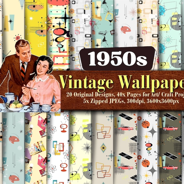 1950s Vintage Wallpapers for Download, Seamless Patterns Original Designs Perfect for all art and crafts, scrapbooking, dolls houses etc