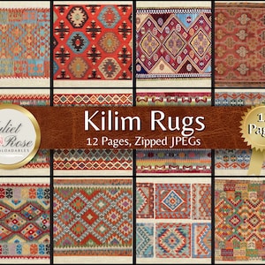 Puede incluir: Un collage digital de 12 patrones de alfombras Kilim coloridos. Las alfombras presentan diseños geométricos en tonos de rojo, azul, verde, amarillo y marrón. El texto "Kilim Rugs" y "12 Pages, Zipped JPEGs" se muestra sobre un fondo de cuero marrón.