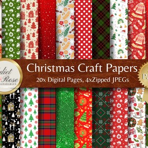 May include: A set of 20 digital Christmas craft papers, featuring a variety of festive patterns in red, green, and white. The papers are perfect for scrapbooking, card making, and other craft projects.  The text on the image reads "Christmas Craft Papers 20x Digital Pages, 4xZipped JPEGs 20 Pages".