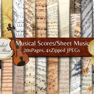 Vintage Sheet Music - 20x Digital Download Manuscript Papers for scrapbooks, junk journals, collage, decoupage, cards, backgrounds