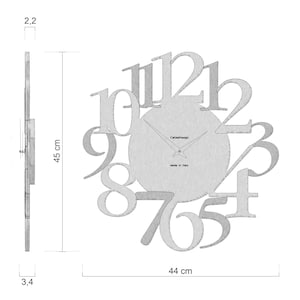 May include: A modern wall clock with a circular face and large, stylized numerals. The clock is 45 cm tall and 44 cm wide. The clock's thickness is 3.4 cm. The clock is made in Italy.