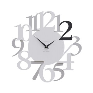 May include: A modern wall clock with a white face and large, stylized numerals in a light gray color. The number "2" is black. The clock hands are black, and the text "CalliaDesign" and "made in italy" are visible.