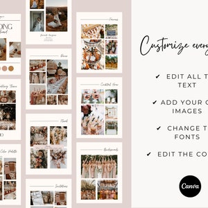 May include: A mood board for a boho wedding with images of floral arrangements, wedding decor, and a color palette. The text "Wedding Mood Board" and "Boho" are visible. The text "Customize everything" is also visible with a list of customization options: "Edit all the text", "Add your own images", "Change the fonts", and "Edit the colors". The Canva logo is also visible.