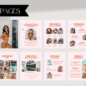 May include: A 20-page printable bachelorette weekend itinerary with a pink and orange color scheme. The itinerary includes details about the trip, the crew, the weekend vibe, and the stay at the Blue Moon Hotel. The itinerary also includes a schedule of events for Friday, Saturday, and Sunday.