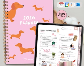 May include: A pink 2026 planner with a spiral binding and orange dachshund illustrations. The planner has 530 pages and includes a digital tablet displaying a daily schedule and to-do list. The planner is designed for organization and planning.