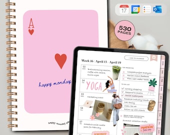 May include: A spiral-bound planner with a pink cover featuring a playing card ace of hearts design and the words "happy monday." A tablet displays a weekly planner layout with to-do lists and notes. The planner has 530 pages.