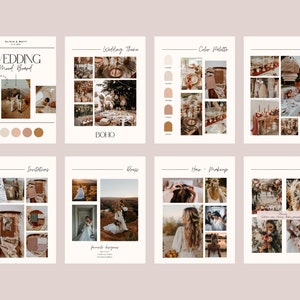 May include: Wedding mood board with images of a boho wedding theme, including invitations, dresses, hair and makeup, floral arrangements, and decor. The color palette is neutral with hints of terracotta and blush.