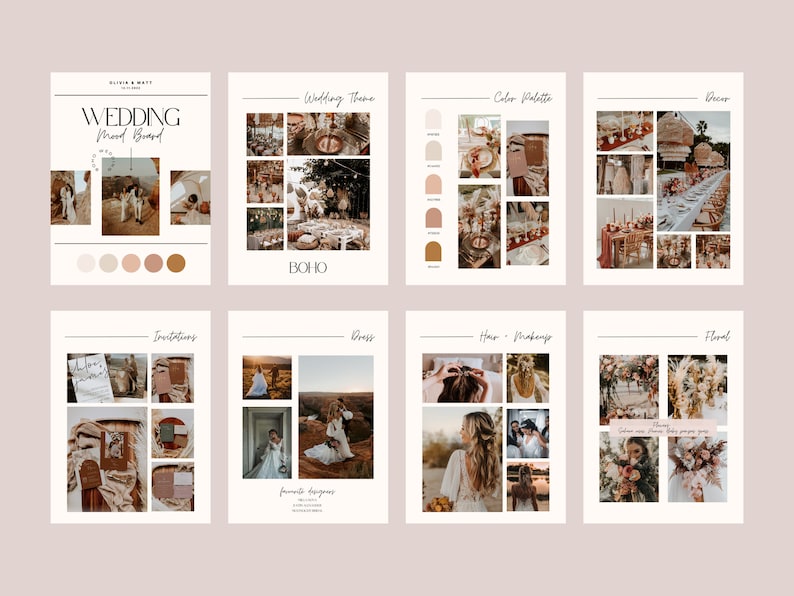 May include: Wedding mood board with images of a boho wedding theme, including invitations, dresses, hair and makeup, floral arrangements, and decor. The color palette is neutral with hints of terracotta and blush.