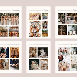 May include: A wedding mood board with images of bridesmaids, favors, signs, the groom, cake, and a cocktail hour. The images are arranged in a grid format with each section labeled.