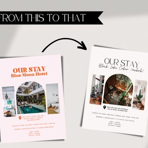 May include: A collage of photos showcasing a stay at the Blue Moon Hotel. The photos show the hotel's interior, a swimming pool, and a courtyard. The text reads "Our Stay Blue Moon Hotel" and includes the hotel's address, check-in and check-out times, room details, and guest names.