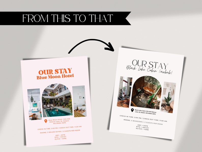 May include: A collage of photos showcasing a stay at the Blue Moon Hotel. The photos show the hotel's interior, a swimming pool, and a courtyard. The text reads "Our Stay Blue Moon Hotel" and includes the hotel's address, check-in and check-out times, room details, and guest names.
