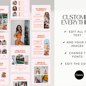 May include: A set of nine printable templates for a bachelorette weekend itinerary. The templates feature a peach and orange color scheme with images of food, drinks, and a pool. The text on the templates includes "Weekend Vibe", "The Crew", "Details of the Trip", "Our Stay", "Friday Outfit Inspiration", "Saturday September 4", "Friday September 3", and "Sunday Outfit Inspiration".