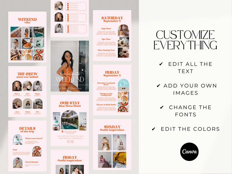 May include: A set of nine printable templates for a bachelorette weekend itinerary. The templates feature a peach and orange color scheme with images of food, drinks, and a pool. The text on the templates includes "Weekend Vibe", "The Crew", "Details of the Trip", "Our Stay", "Friday Outfit Inspiration", "Saturday September 4", "Friday September 3", and "Sunday Outfit Inspiration".