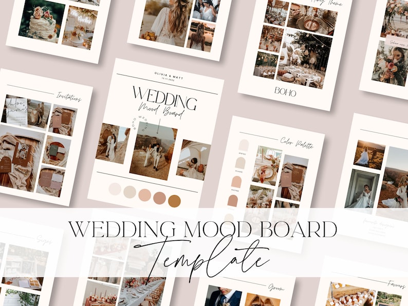 May include: A wedding mood board template with images of a wedding cake, invitations, a color palette, and a bride and groom. The text "Wedding Mood Board" is written in black on a white background.