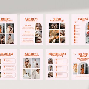 May include: A collage of images for a weekend getaway. The images include outfit inspiration, a packing list, a restaurant reservation list, a shopping list, and a theme for the weekend, "Back and Bougie".