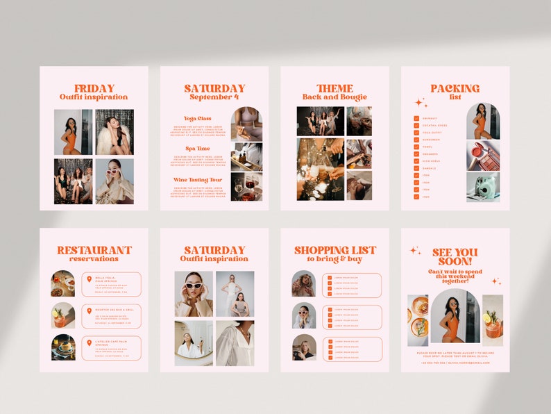 May include: A collage of images for a weekend getaway. The images include outfit inspiration, a packing list, a restaurant reservation list, a shopping list, and a theme for the weekend, "Back and Bougie".
