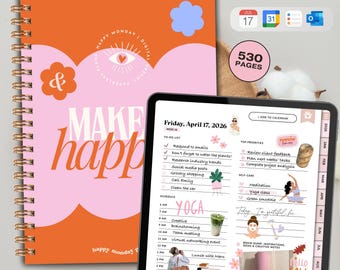 May include: A spiral-bound planner with a pink and orange cover, featuring the words "MAKE happ" and "Happy Monday." A tablet displays a daily schedule with to-do lists and self-care activities. The planner has 530 pages.