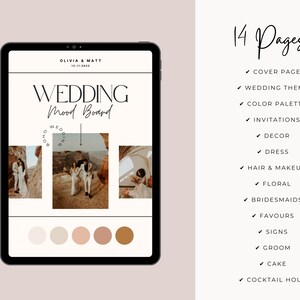 May include: A digital mood board for a wedding with the title "Wedding Mood Board" and the names Olivia & Matt. The mood board includes photos of a couple in a desert setting, a color palette, and a list of 14 pages for planning a wedding.