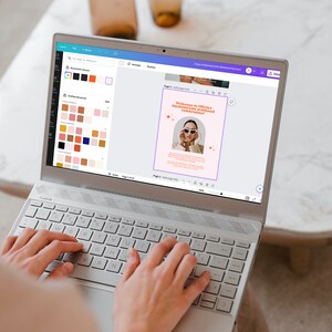 May include: A person using a laptop to design a social media post. The post features a woman wearing sunglasses and a pink background with the text "Welcome to Olivia's Bachelorette Weekend Celebration!"