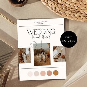 May include: A wedding mood board with the text "Olivia & Matt" and "Wedding Mood Board" in black text on a white background. The board includes three photos of a couple in a desert setting, a forest, and a building with an archway. The board also includes a color palette of five shades of brown.