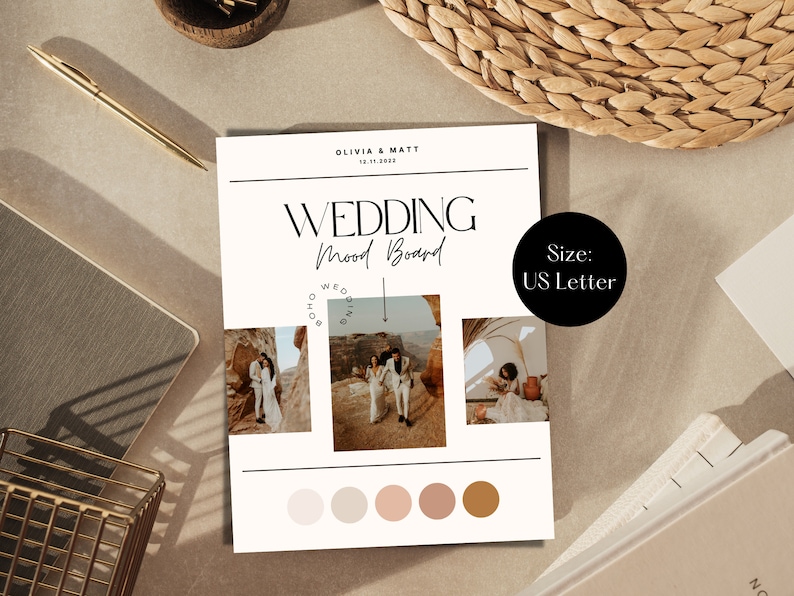 May include: A wedding mood board with the text "Olivia & Matt" and "Wedding Mood Board" in black text on a white background. The board includes three photos of a couple in a desert setting, a forest, and a building with an archway. The board also includes a color palette of five shades of brown.