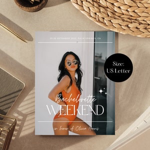 May include: A white card with the text "Bachelorette WEEKEND" in black and white lettering. The text "in honor of Olivia Harris" is below the main text. The card has a photo of a woman wearing a bright orange swimsuit and sunglasses. The text "23-25 SEPTEMBER 2023, PALM SPRINGS, CA" is at the top of the card. The text "Size: US Letter" is in a black circle.