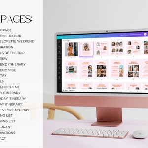 May include: A computer screen displaying a 20-page digital planner for a bachelorette weekend. The planner includes a cover page, welcome message, details of the trip, itinerary, and packing list.