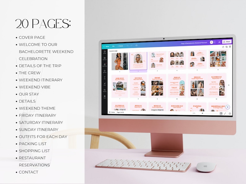 May include: A computer screen displaying a 20-page digital planner for a bachelorette weekend. The planner includes a cover page, welcome message, details of the trip, itinerary, and packing list.