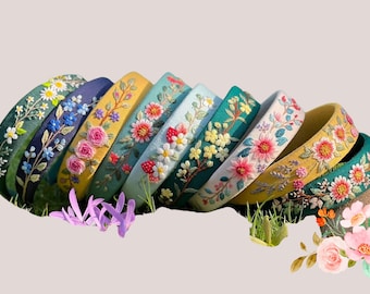 Tiara bordada / Tiara de linho bordada floral à mão / Tiara bordada floral / Turbante de linho / Faixa de cabelo bordada com flores grandes
