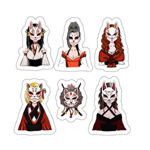 Pegatinas de anime de vinilo de máscara kitsune 6" × 6", pegatina portátil de chica kitsune, pegatina de teléfono de decoración de anime, regalos de anime para ella, regalos de niña adolescente