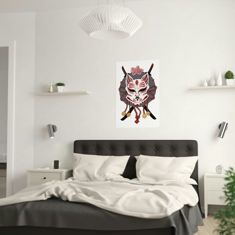 Kitsune Mask Japanese Wall Art Print for Living Room Decor, Anime Mask