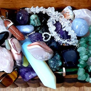 Crystal Confetti Lucky Dip, Crystal Stones, Mushrooms, Hearts, Wands, Chips, Jewellery and more.
