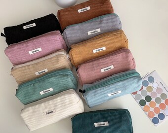 Cute Minimalist Classic Pure Color Corduroy Makeup Bag, Cosmetic Organizer, Makeup Toiletry Organizer, Travel Pouch, Cute Pencil Case