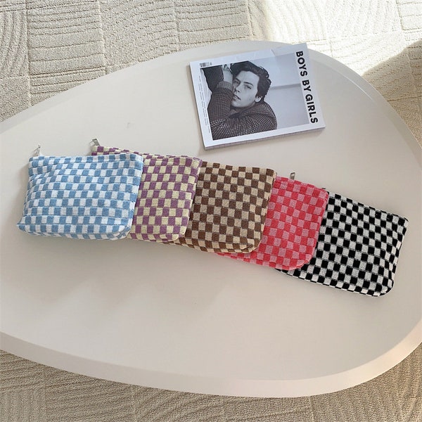 Elegant Classic Checkerboard Plaid Knitting Yarn Makeup Bag, Cosmetic Organizer, Cosmetic Bag, Makeup Toiletry Organizer, Travel Case Pouch