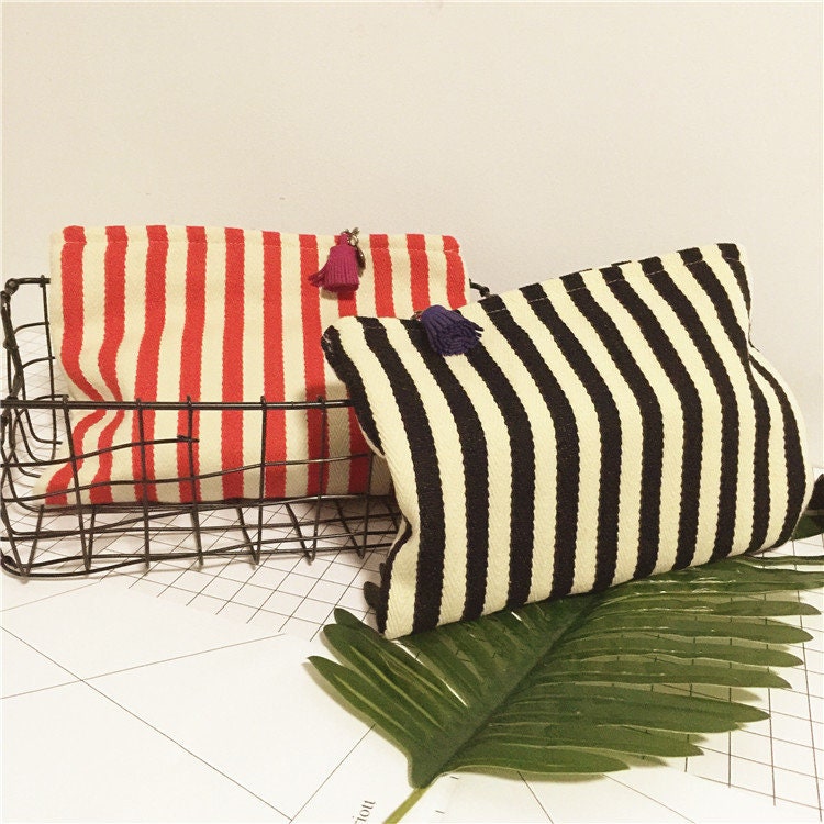 Black White Cabana Stripe Canvas Bow Clutch OR Purse with Gold