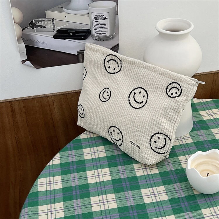Classic Smiley Face Minimalist Corduroy Makeup Bag Summer Etsy