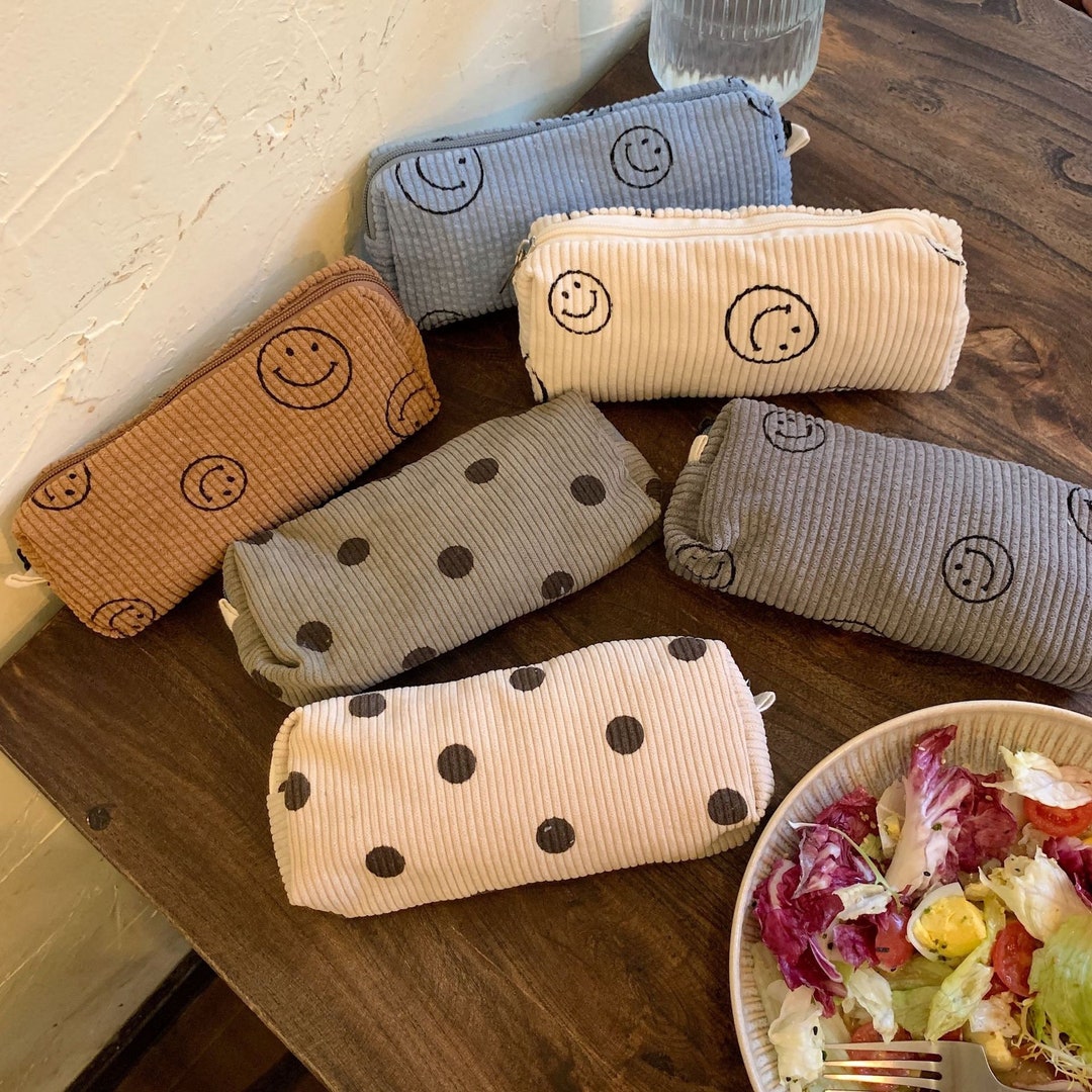 Cute Smiley Face Classic Dots Corduroy Makeup Bag Cosmetic Etsy