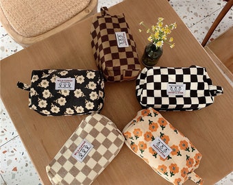 Classic Floral Checkerboard Soft Corduroy Makeup Bag, Cosmetic Organizer, Cosmetic Bag, Makeup Toiletry Organizer, Travel Case Pouch