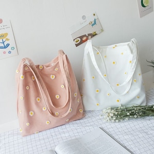 Cute Daisy Canvas Cotton Tote Bag, Large Capacity Tote Bag, Toiletry Organizer, Cosmetic Tote, Essentials Shouder bag, Shopping Bag