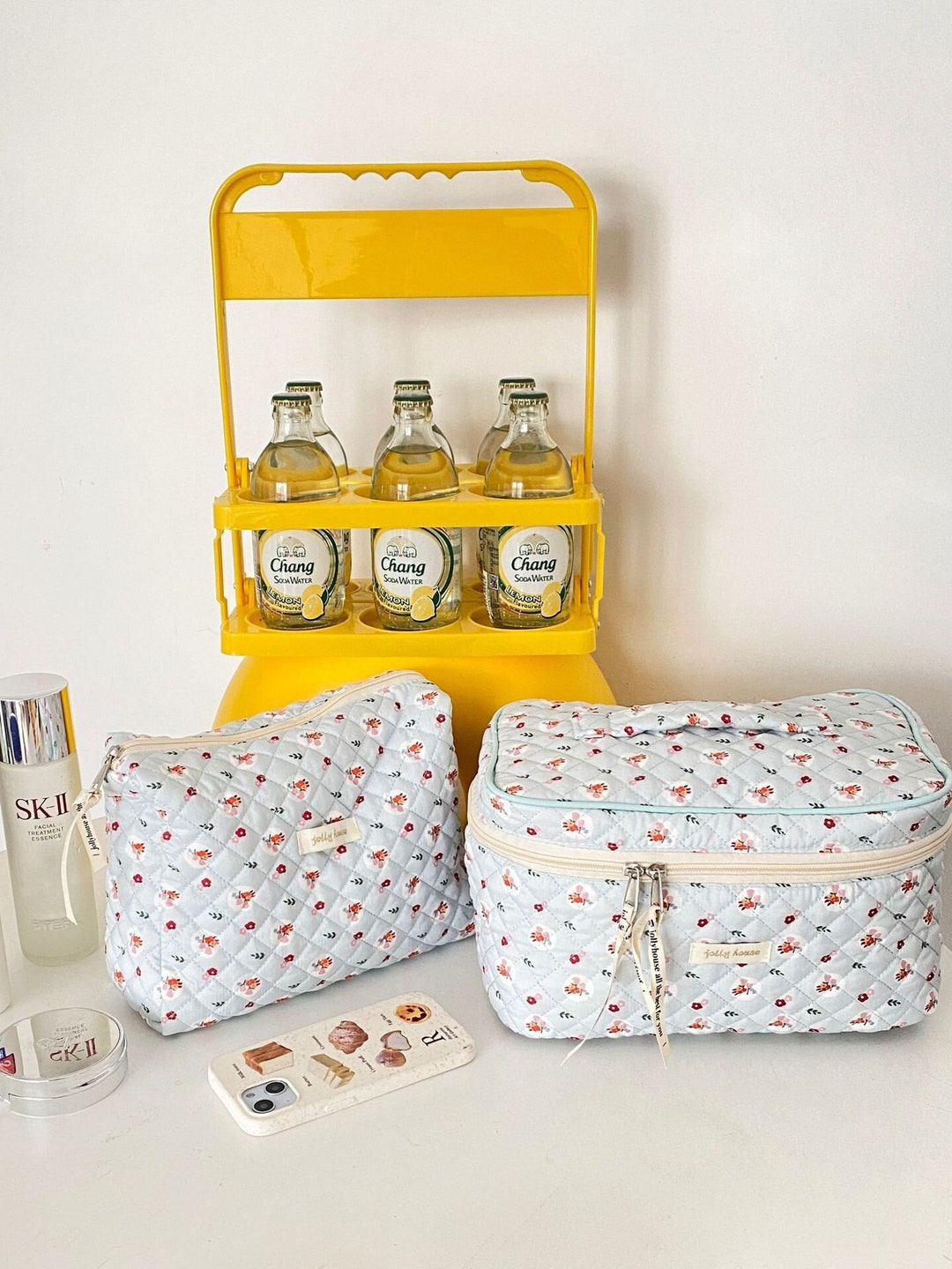 Blue Orange Floral Cherry Quilted Cotton Large Makeup Bag Etsy