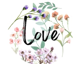 Love, Peace, Joy, Hope Die-Cut Sticker Blumen mit Blättern