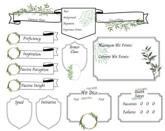 Dry Erase Character Sheet Stickers Leaves Floral Cute Dungeons and Dragons dnd Dungeon Master
