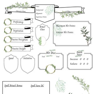 Dry Erase Character Sheet Stickers Leaves Floral Cute Dungeons and Dragons dnd Dungeon Master