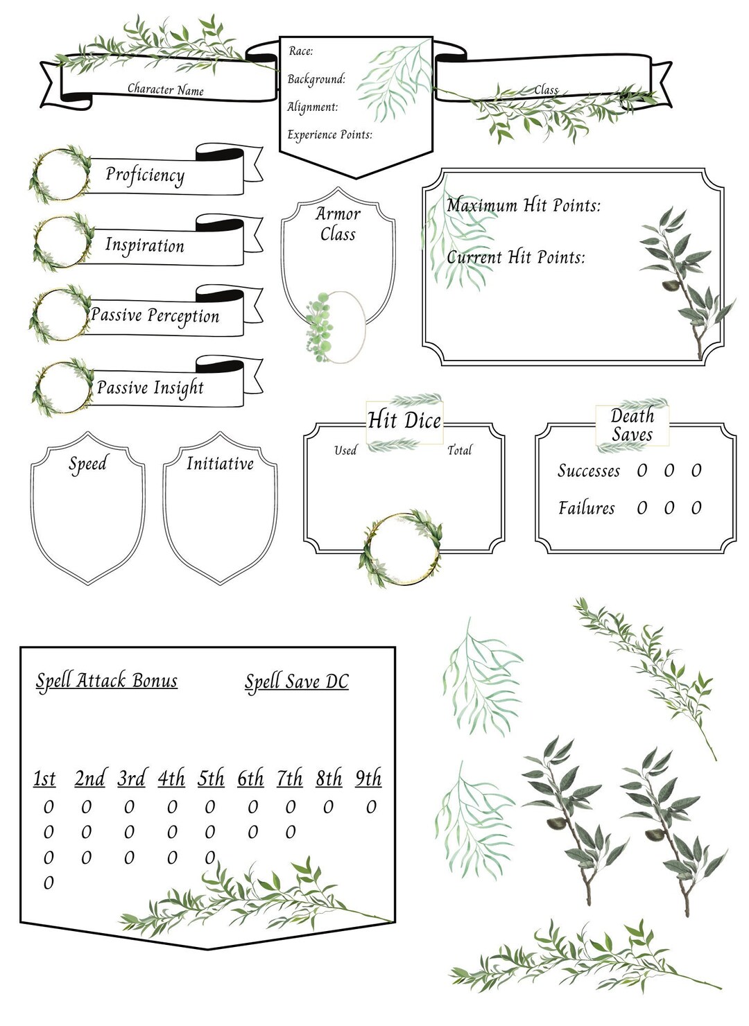 Dry Erase Character Sheet Stickers Leaves Floral Cute Dungeons Etsy